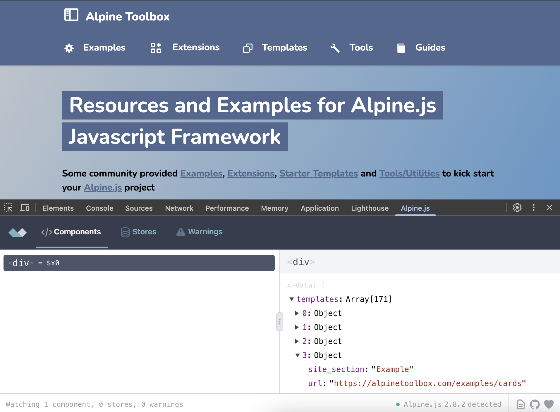 Alpine.js Devtools Components and Stores tab running against alpinetoolbox.com